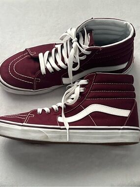 Vans Maroon High-Top Unisex Sneakers with White Stripe, Size Men 9/Women 10.5